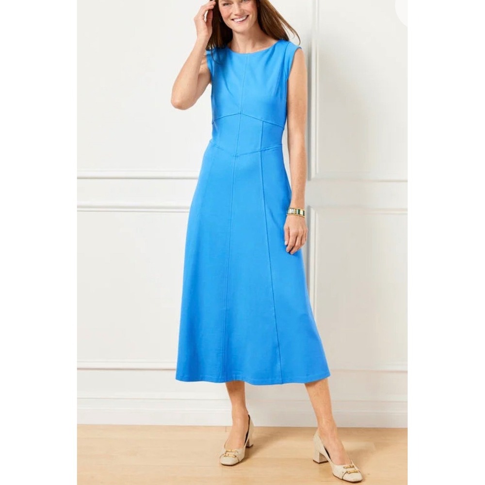 Talbots Blue Sleeveless Fit and Flare Midi Dress Size 14 NWT Boat Neck Ponte